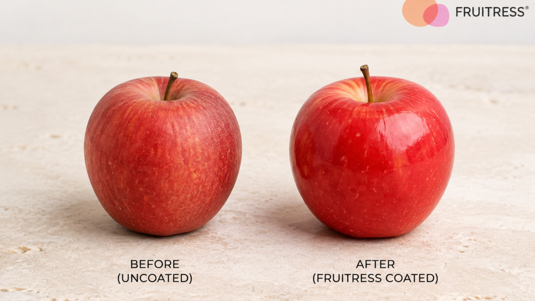 Side-by-side visual comparison of an uncoated apple versus an apple treated with Fruitress edible coating, demonstrating increased freshness and shine.