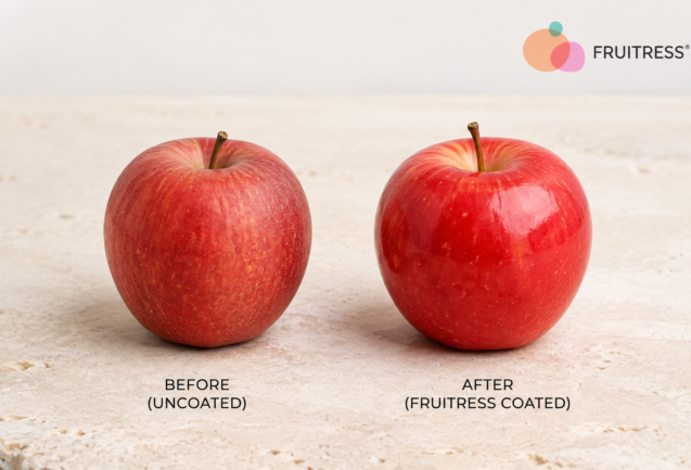 Side-by-side visual comparison of an uncoated apple versus an apple treated with Fruitress edible coating, demonstrating increased freshness and shine.